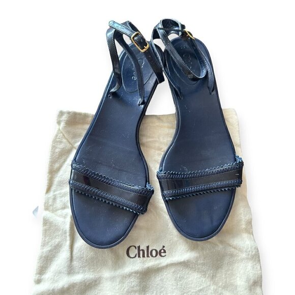 Chloe Rubber Wedge Ankle Strap Patent Sandals. Navy blue, Size 38.5 EU - Picture 9 of 16